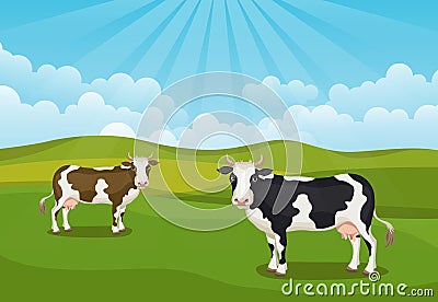 Vector cartoon landscape with two cows in sunny green meadows wi Vector Illustration