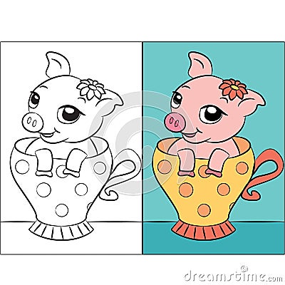Little pig in tea cup, coloring book or page Vector Illustration