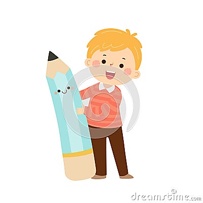 Vector cartoon little student boy with big pencil. Back to school concept Vector Illustration