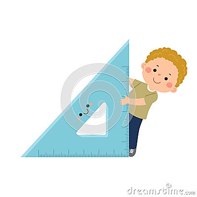 Vector cartoon little student boy with big triangle ruler. Back to school concept Vector Illustration