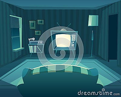 Vector cartoon living room at night, interior Vector Illustration