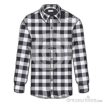 Vector Cartoon Long Sleeve Black and White Checkered Casual Men Shirt Vector Illustration