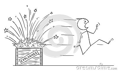 Vector Cartoon of Man, Bomb Disposal Expert or Pyrotechnist Running Away from Exploding Box with Explosives Vector Illustration