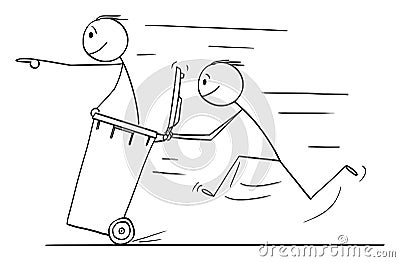 Vector Cartoon of Man or Businessman Pushing Another Man in Wheelie Bin Vector Illustration