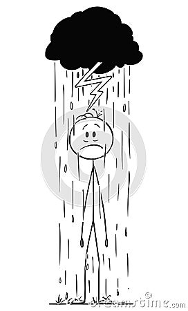 Vector Cartoon of Man or Businessman Standing in Rain Falling From His Small Lightning Storm Cloud. Vector Illustration