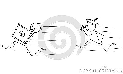 Vector Cartoon of Man or Businessman Thief Running with Bank Vault or Safe, Policeman is Chasing Him Vector Illustration