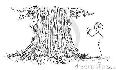 Vector Cartoon of Man or Businessman Unable to Cut Down Large Tree with Small Ax or Axe Vector Illustration