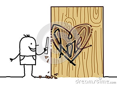 Cartoon Man Carving a Wood Heart Vector Illustration