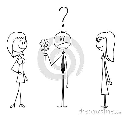 Vector Cartoon of Man on Date Holding Flower and Deciding Between Two Women or Girls Vector Illustration