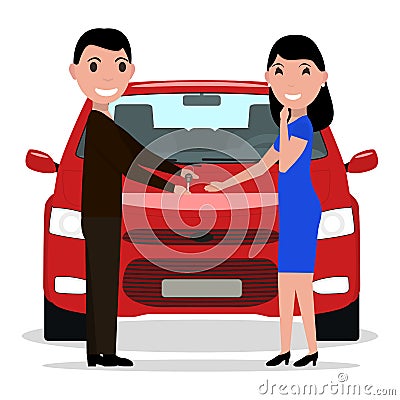 Vector cartoon man giving car keys to a woman Vector Illustration