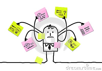 Cartoon Man Multitasking with Sticky Notes Vector Illustration