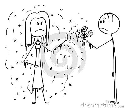 Vector Cartoon of Man Offering Flowers as Gift to Cold Frigid Rejecting Woman Vector Illustration