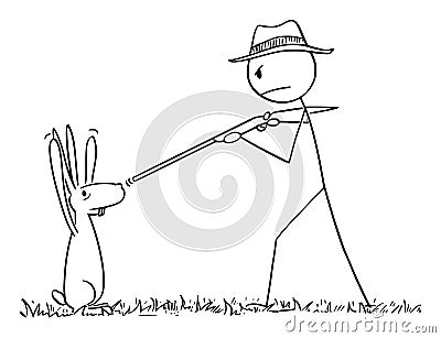 Vector Cartoon of Man with Rifle or Hunter Pointing His Gun at Rabbit or Hare or Jackrabbit. Animal Surrendered with Vector Illustration