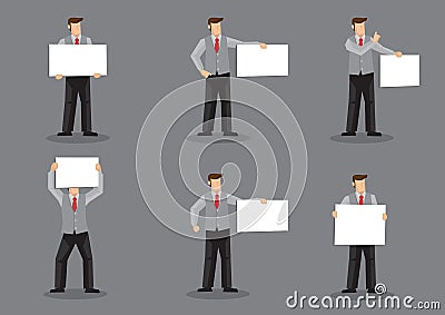 Vector Cartoon Man in Vest Suit and Neck Tie Holding Sign Vector Illustration