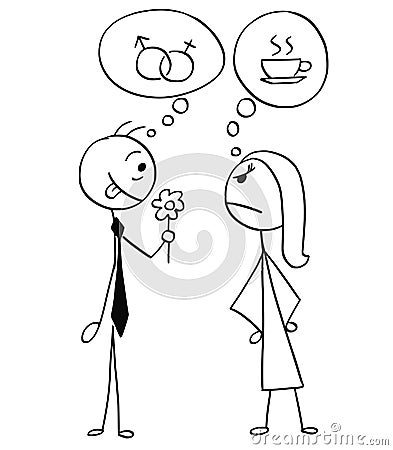 Vector Cartoon of Man and Woman on Date, Different Ideas of Sex Vector Illustration