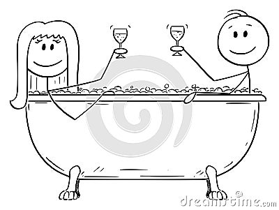 Vector Cartoon of Man and Woman Relaxing Together in Batch Tub with Glass of Wine Vector Illustration