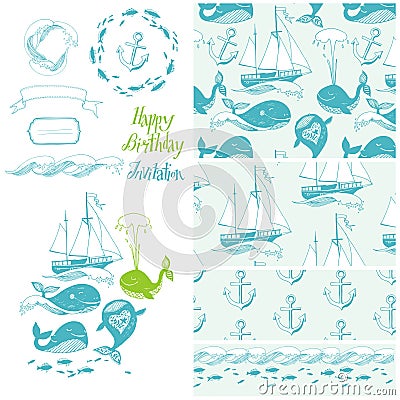 Vector cartoon marine illustration with funny whal Vector Illustration