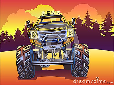 Vector Cartoon Monster Truck on the evening landscape in Pop Art style. Extreme Sports. Vector Illustration