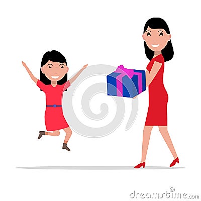 Vector cartoon mother giving daughter a present Vector Illustration