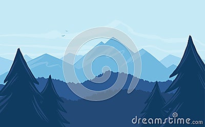 Vector cartoon mountains landscape with silhouette of pines on foreground. Vector Illustration