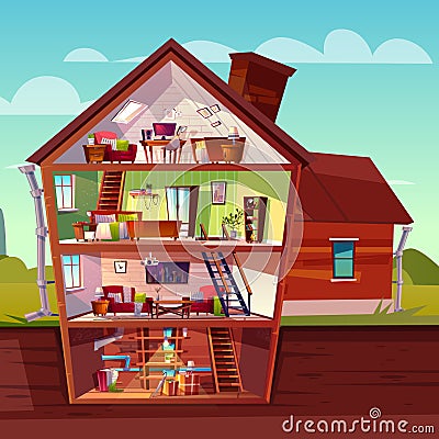 Vector cartoon multistorey house in cross section Vector Illustration