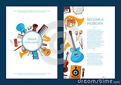 Vector cartoon musical instruments card or flyer template illustration Vector Illustration