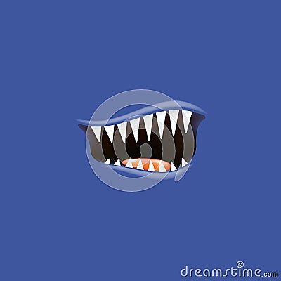 Vector Cartoon open monster shark mouth isolated on deep blue background. Funny and cute Halloween Monster open mouth Vector Illustration