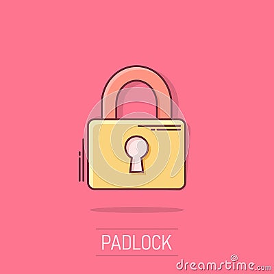 Vector cartoon padlock icon in comic style. Lock, unlock security concept illustration pictogram. Padlock business splash effect Vector Illustration
