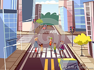 Vector cartoon people crossing road concept Vector Illustration