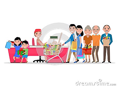 Vector cartoon people doing shopping supermarket Vector Illustration