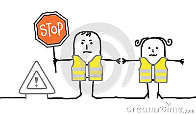 Cartoon people with safety yellow vest and stop sign Vector Illustration