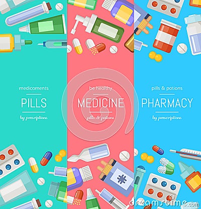 Vector cartoon pharmacy or medicines vertical banner templates Vector Illustration