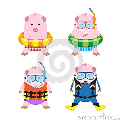 Vector 4 Cartoon Pigs in Summer Clothes for Sea Travel Vector Illustration