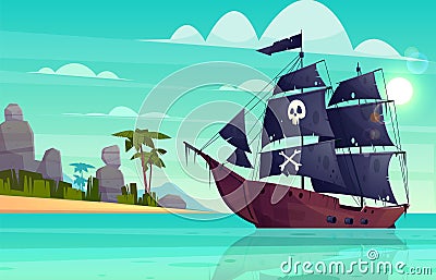 Vector cartoon pirate ship in bay, island Vector Illustration