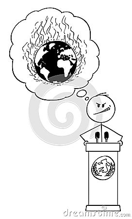 Vector Cartoon of Politician Speaking on Podium Behind Lectern and Dreaming About World Destruction and Global War Vector Illustration