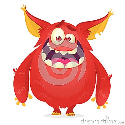 Vector cartoon of a red fat and fluffy Halloween monster with big ears. Funny troll or gremlin character. Vector Illustration