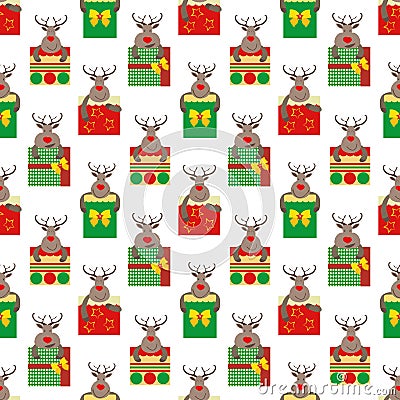 Vector cartoon reindeer with giftboxes seamless pattern background. Cute animal characters with square bow tied presents Vector Illustration