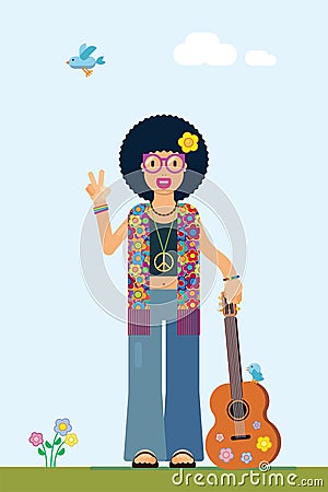 Illustration of a smiling hippie with the peace symbol Vector Illustration