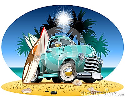 Vector cartoon retro pickup on beach Stock Photo