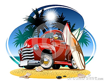 Vector cartoon retro pickup on beach Vector Illustration