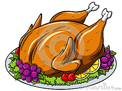 Vector cartoon roasted turkey on a plate with fruits Vector Illustration