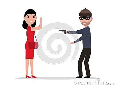 Vector cartoon robber with a gun robbing a woman Vector Illustration