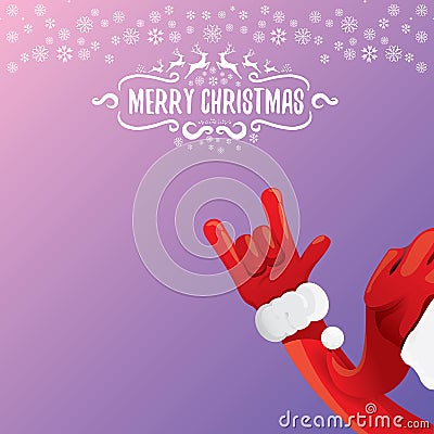 Vector cartoon rock n roll Santa Claus with calligraphic greeting text on night violet background with snowflakes. Merry Vector Illustration