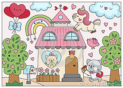 Vector cartoon Saint Valentine day scene with cat family, unicorn, rainbow, house. Cute kawaii colored outlined illustration with Vector Illustration