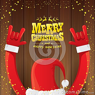 Vector cartoon Santa Claus rock n roll style with golden calligraphic greeting text on wooden background with christmas Vector Illustration