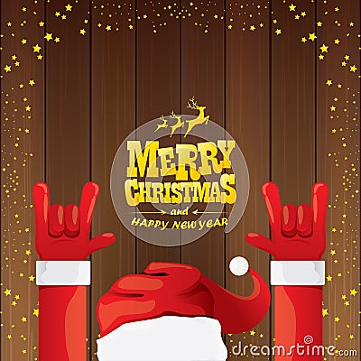 Vector cartoon Santa Claus rock n roll style with golden calligraphic greeting text on wooden background with christmas Vector Illustration