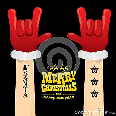 Vector cartoon Santa Claus rock n roll style with golden greeting text on black background with christmas star lights Vector Illustration