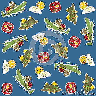 Seamless pattern of crocodile, turtle, mountain and funny sky object Vector Illustration