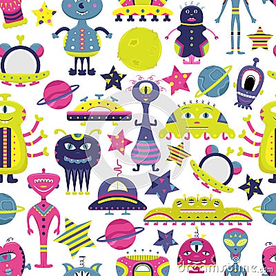 The vector cartoon seamless pattern with flat aliens, spaceships, planets, satellites and cosmonaut. Vector Illustration