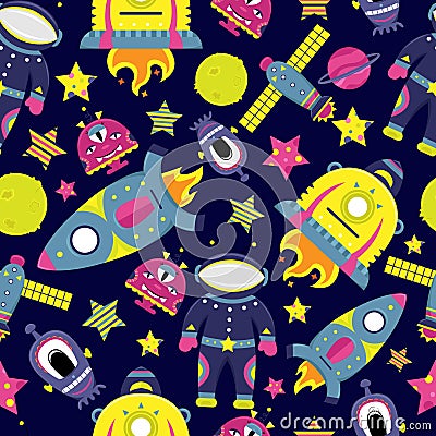 The vector cartoon seamless pattern with flat aliens, spaceships Vector Illustration